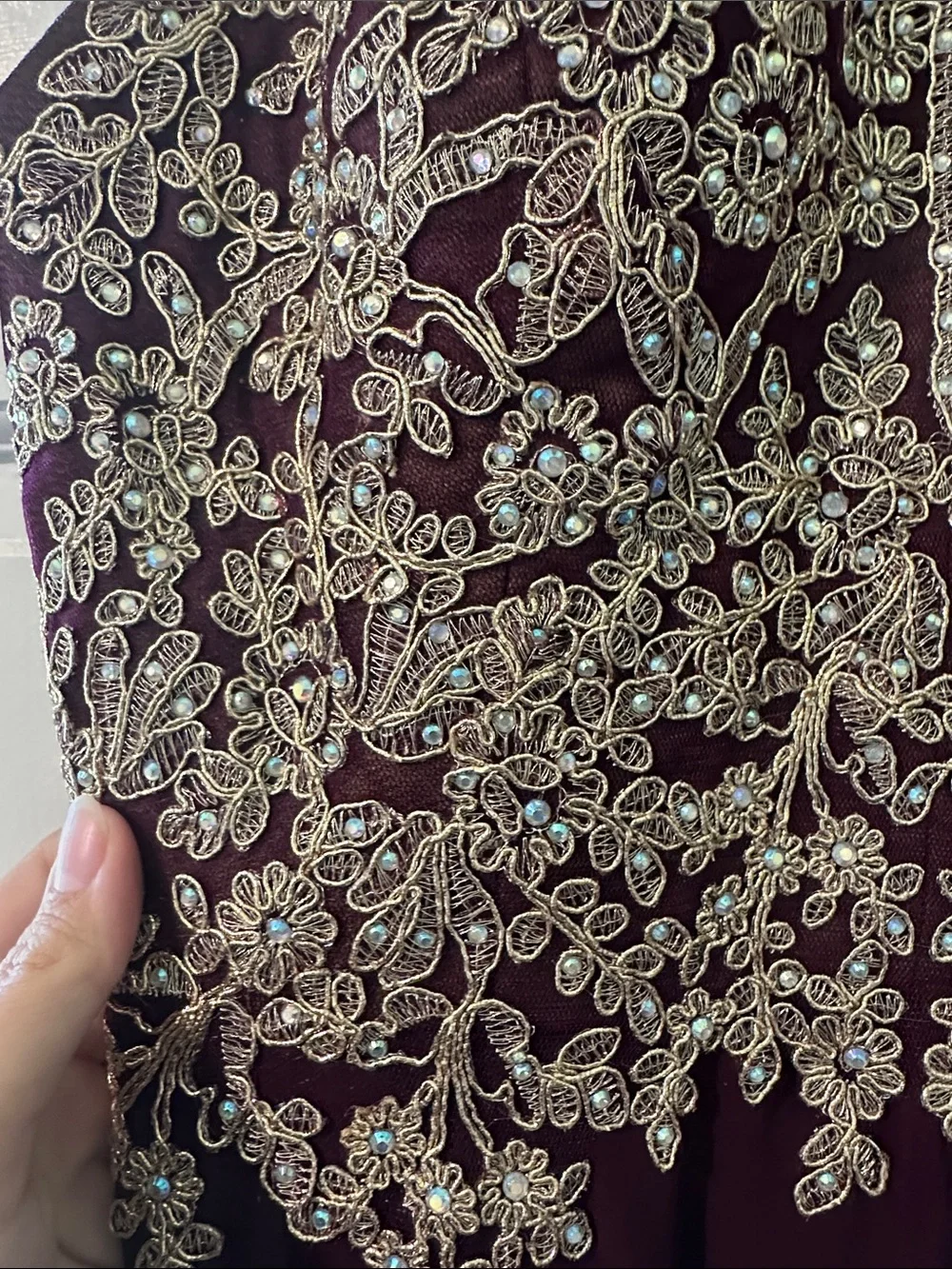 David's Bridal Plum Gown with Gold Embellishment